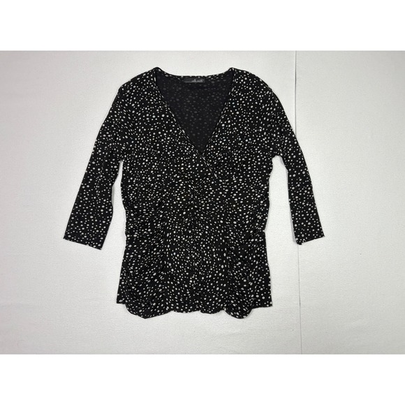 Willi Smith Tops - Willi Smith Womens Black Polka Dot Ruched V-Neck 3/4 Sleeve Mesh Top Large